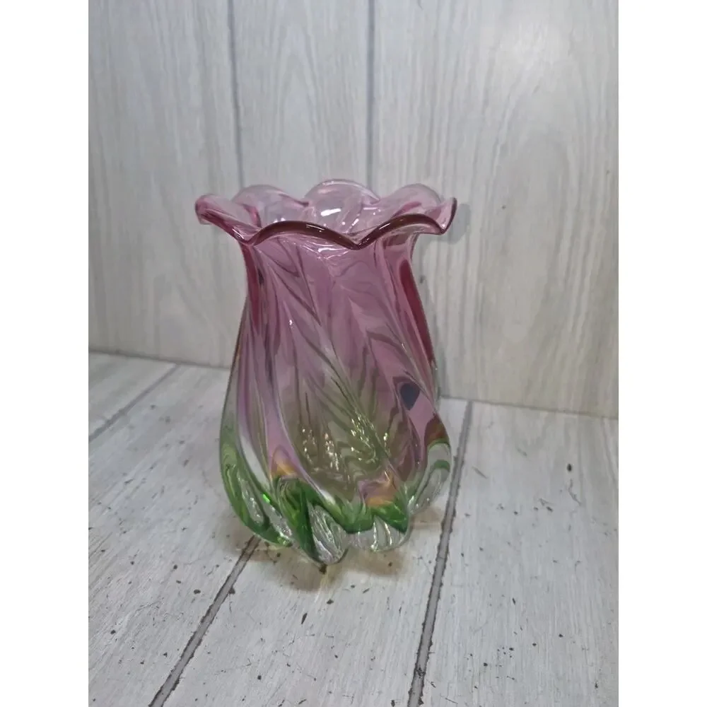 Vtg Hand Blown Swirl Watermellon Scallop Flower Glass Vase 7